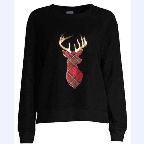 New: XXL Soft Christmas Plaid & Gold Reindeer Juniors Sweatshirt - Picture 1 of 4